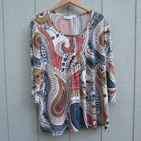 Susan Graver Tops - Susan Graver Liquid Knit Paisley Top Womens Large 3/4 Sleeve Scoop Neck Pleated